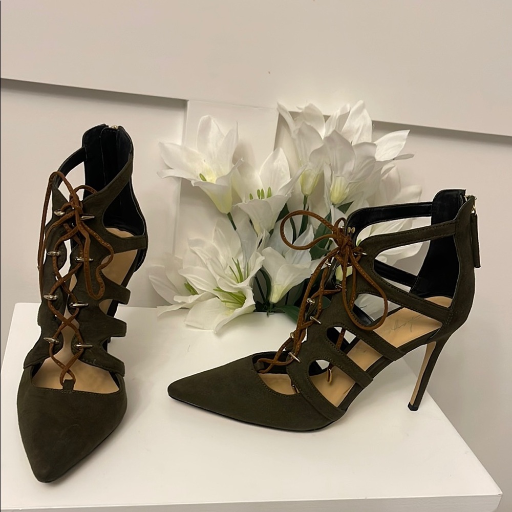Elegant Olive Green Lace-Up Heels